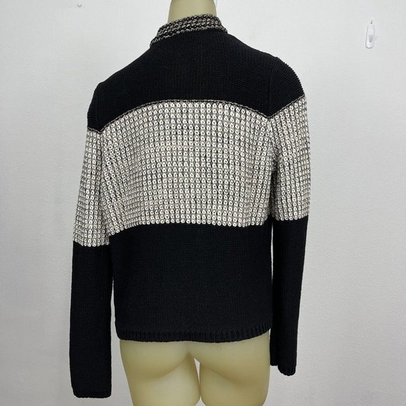 Chico's 1 Women's Arlene Cardigan Sweater black beige Cotton Size Medium Fringe - Picture 5 of 9